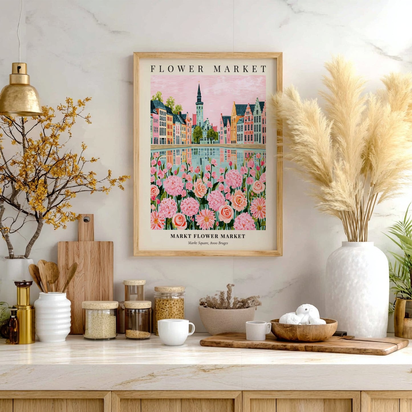 Floral print featuring Markt Flower Market with pink flowers and colorful buildings reflecting in water