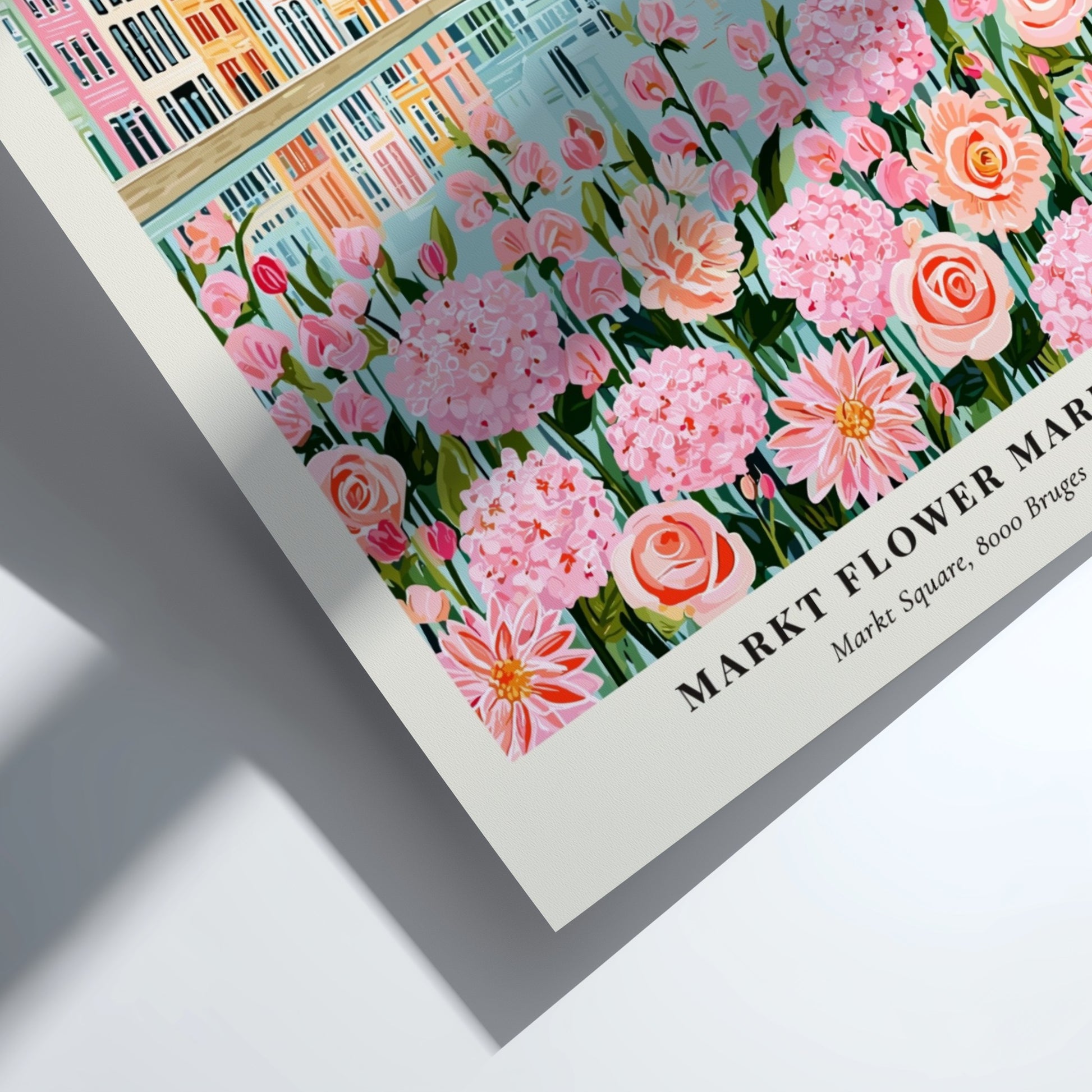 Floral print featuring Markt Flower Market with pink flowers and colorful buildings reflecting in water