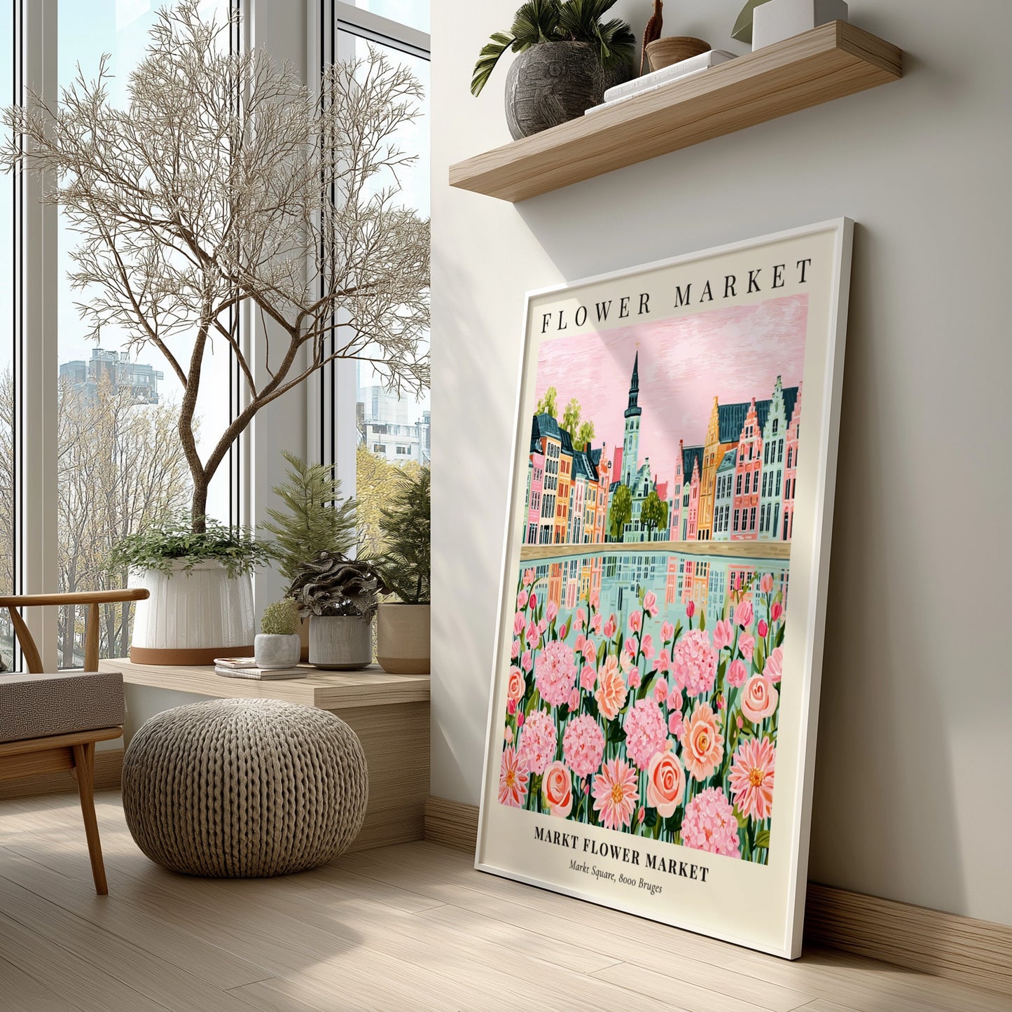 Floral print featuring Markt Flower Market with pink flowers and colorful buildings reflecting in water