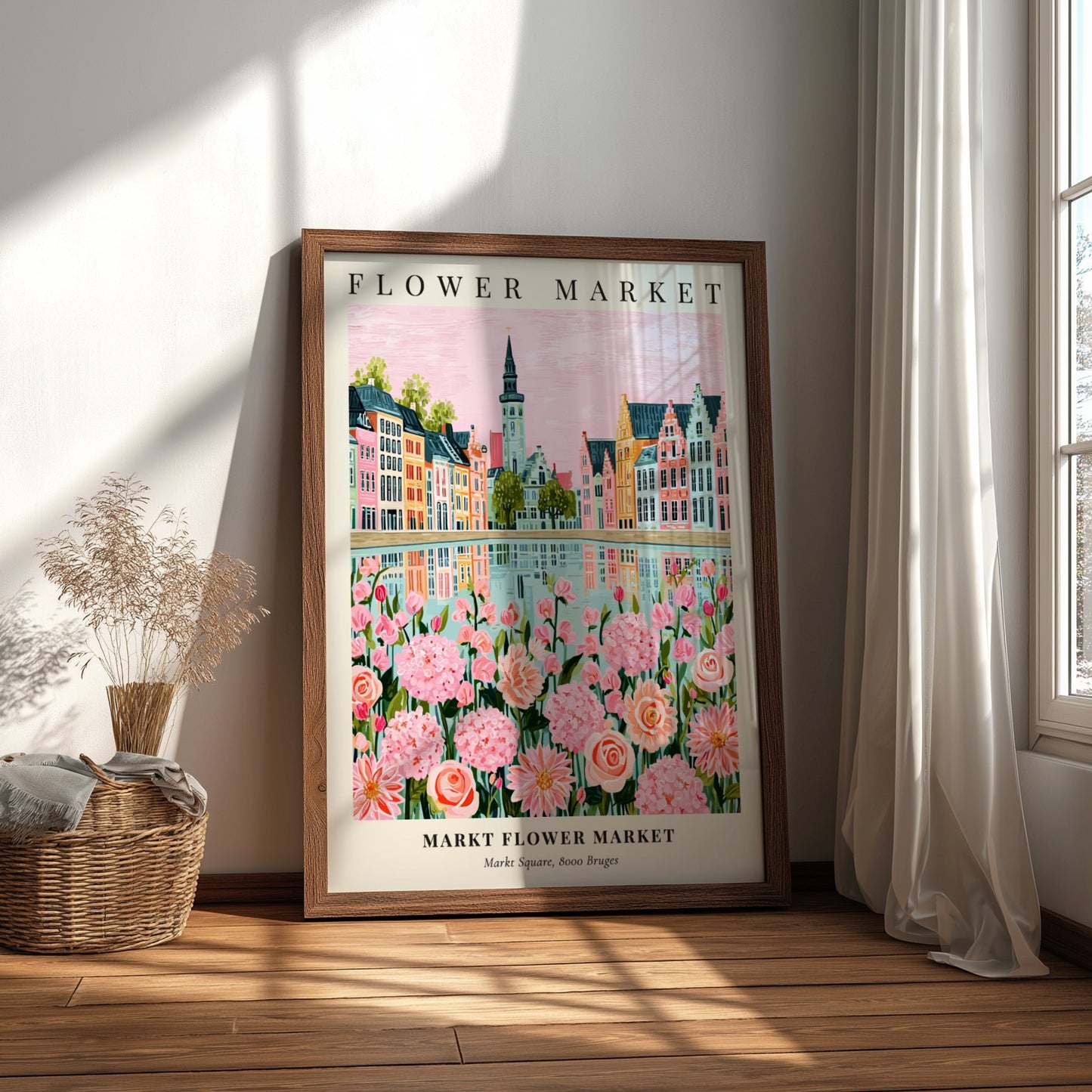 Floral print featuring Markt Flower Market with pink flowers and colorful buildings reflecting in water