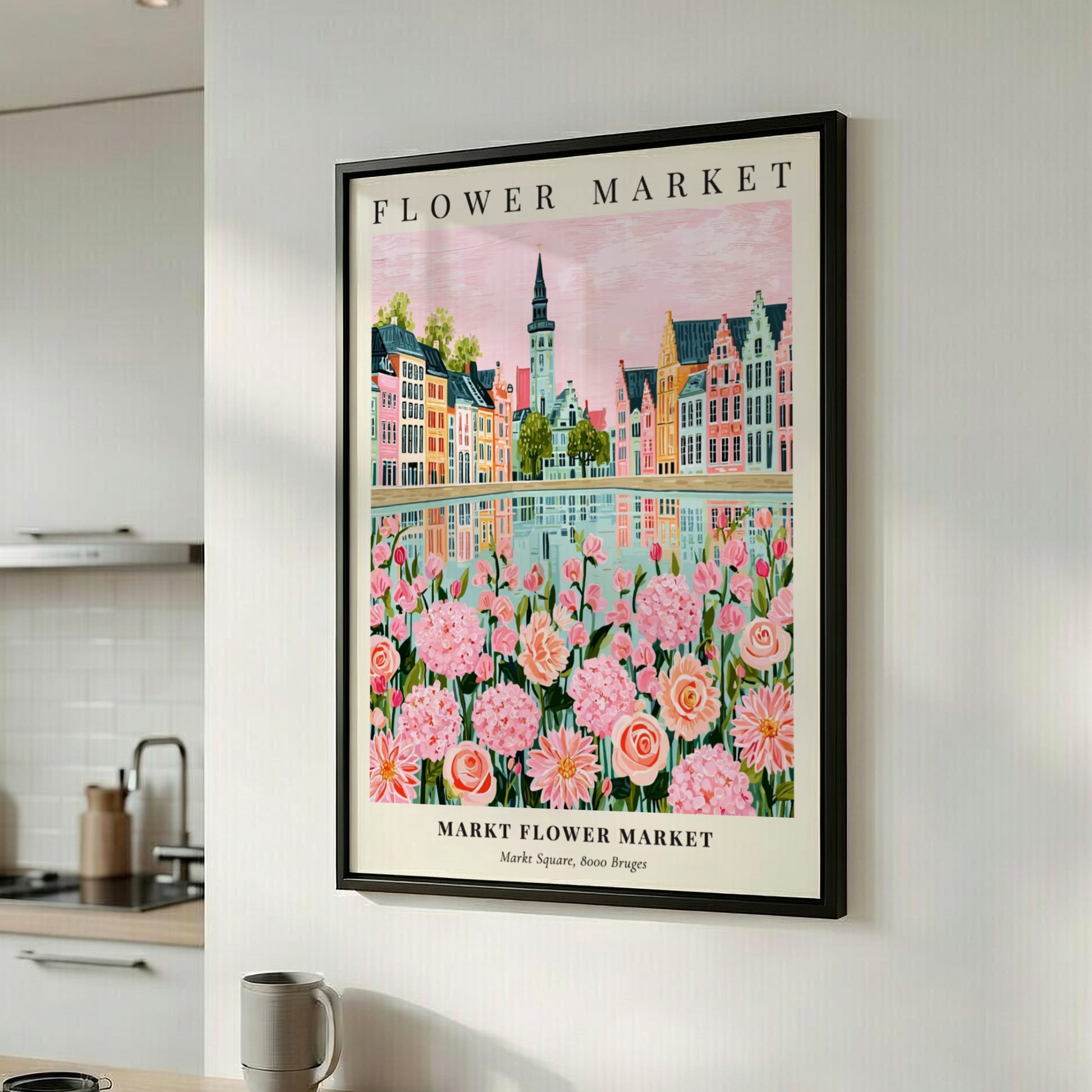 Floral print featuring Markt Flower Market with pink flowers and colorful buildings reflecting in water