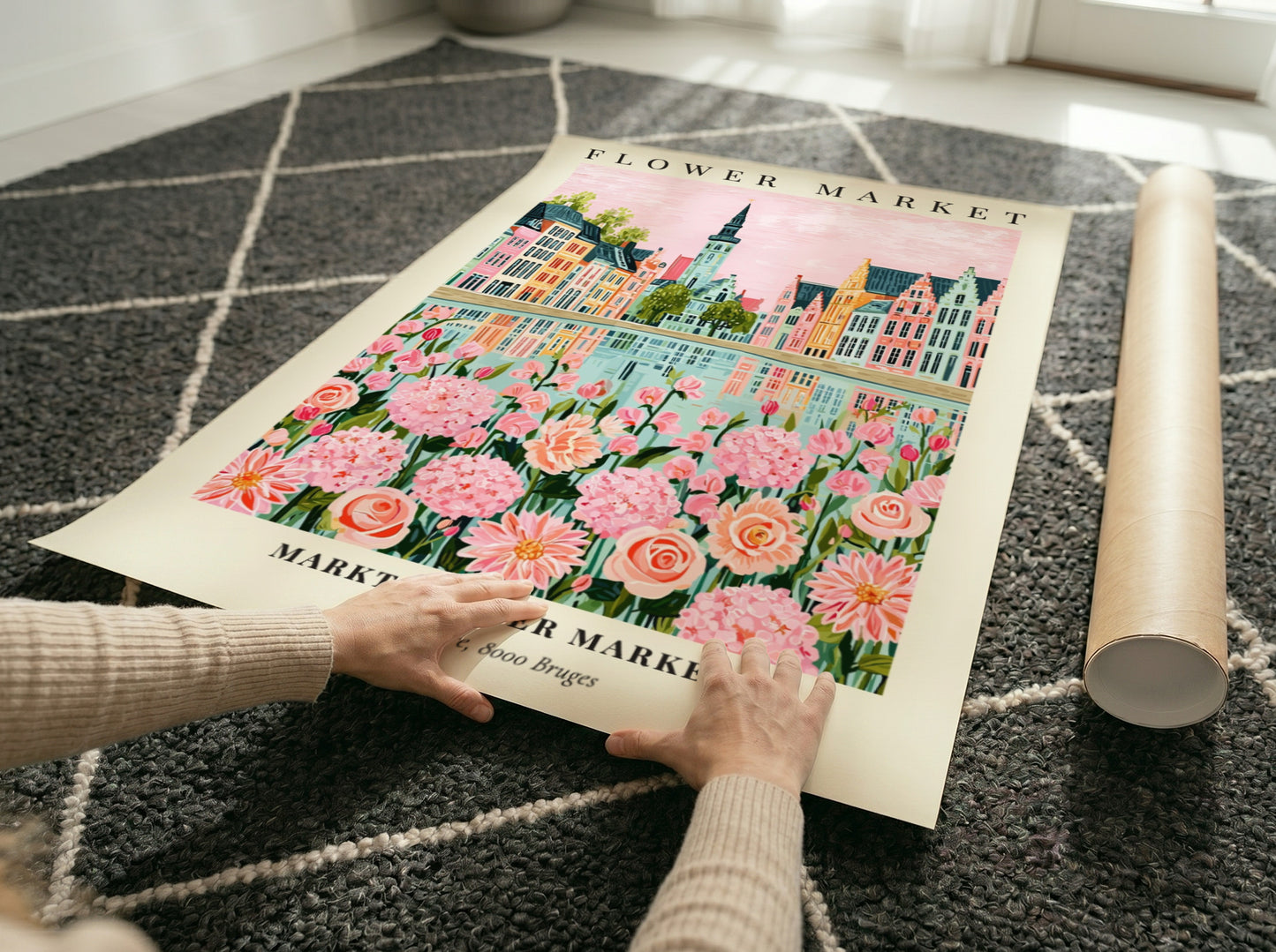 Floral print featuring Markt Flower Market with pink flowers and colorful buildings reflecting in water