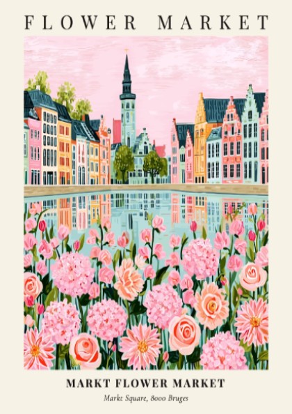 Floral print featuring Markt Flower Market with pink flowers and colorful buildings reflecting in water