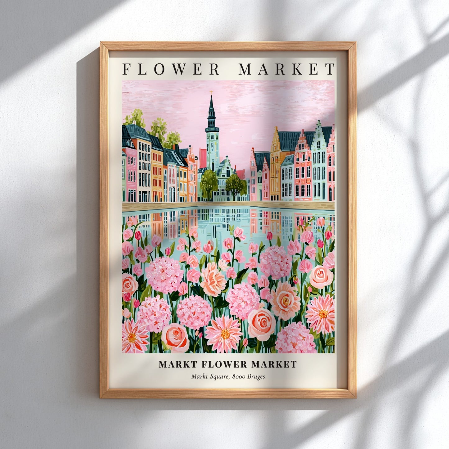 Floral print featuring Markt Flower Market with pink flowers and colorful buildings reflecting in water