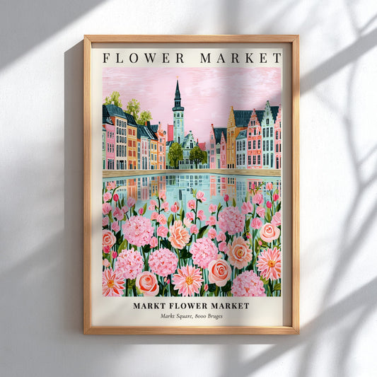 Floral print featuring Markt Flower Market with pink flowers and colorful buildings reflecting in water