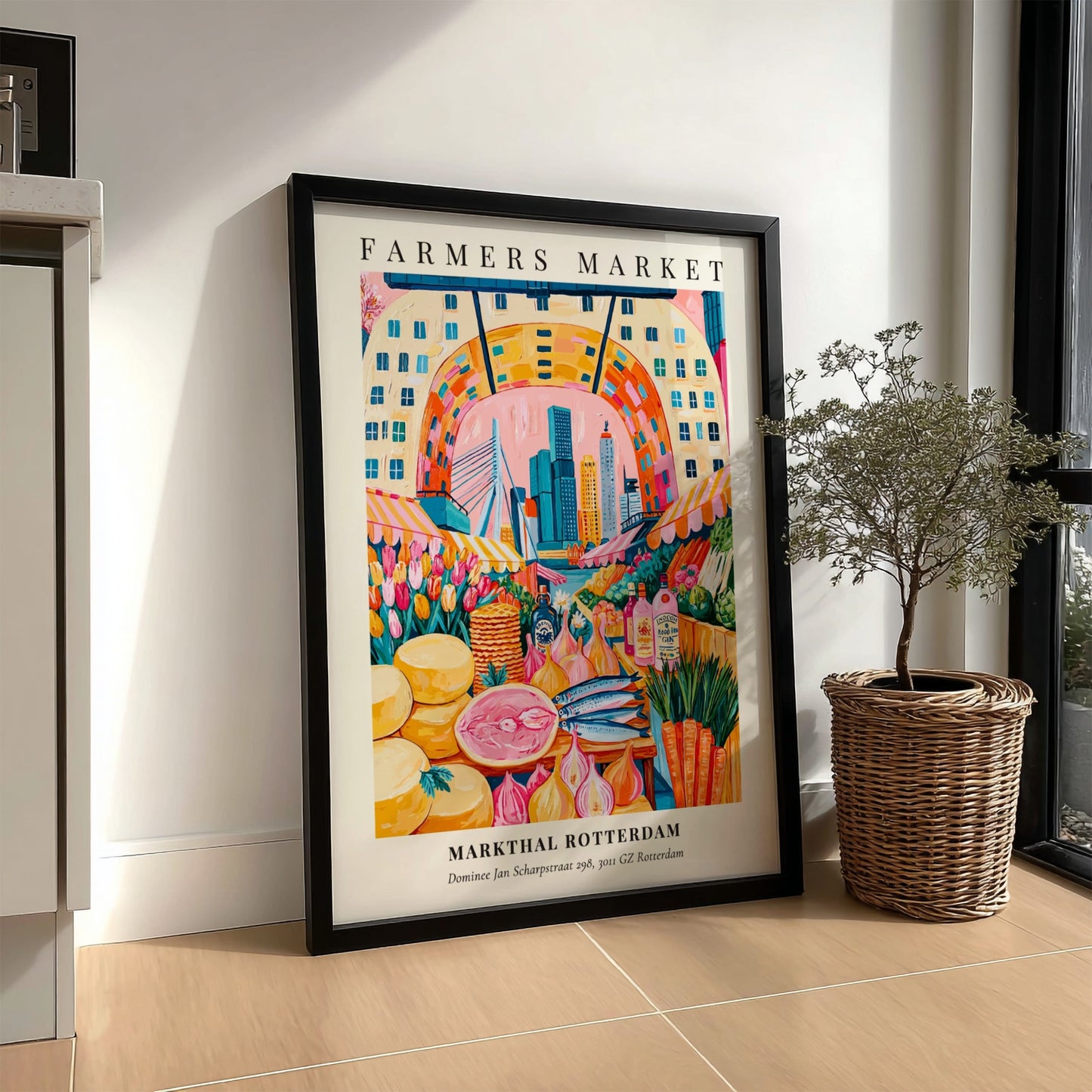 Markthal Rotterdam farmers market poster featuring colorful produce and vibrant cityscape