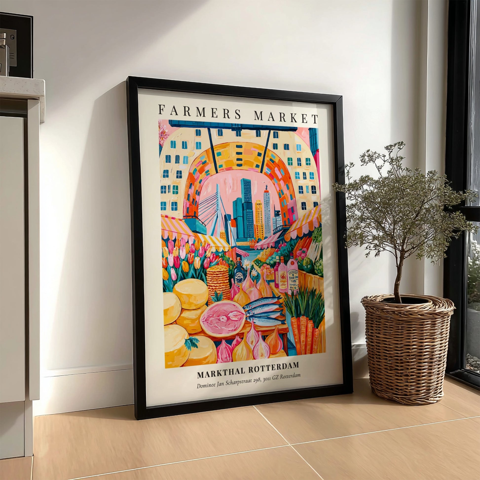Markthal Rotterdam farmers market poster featuring colorful produce and vibrant cityscape