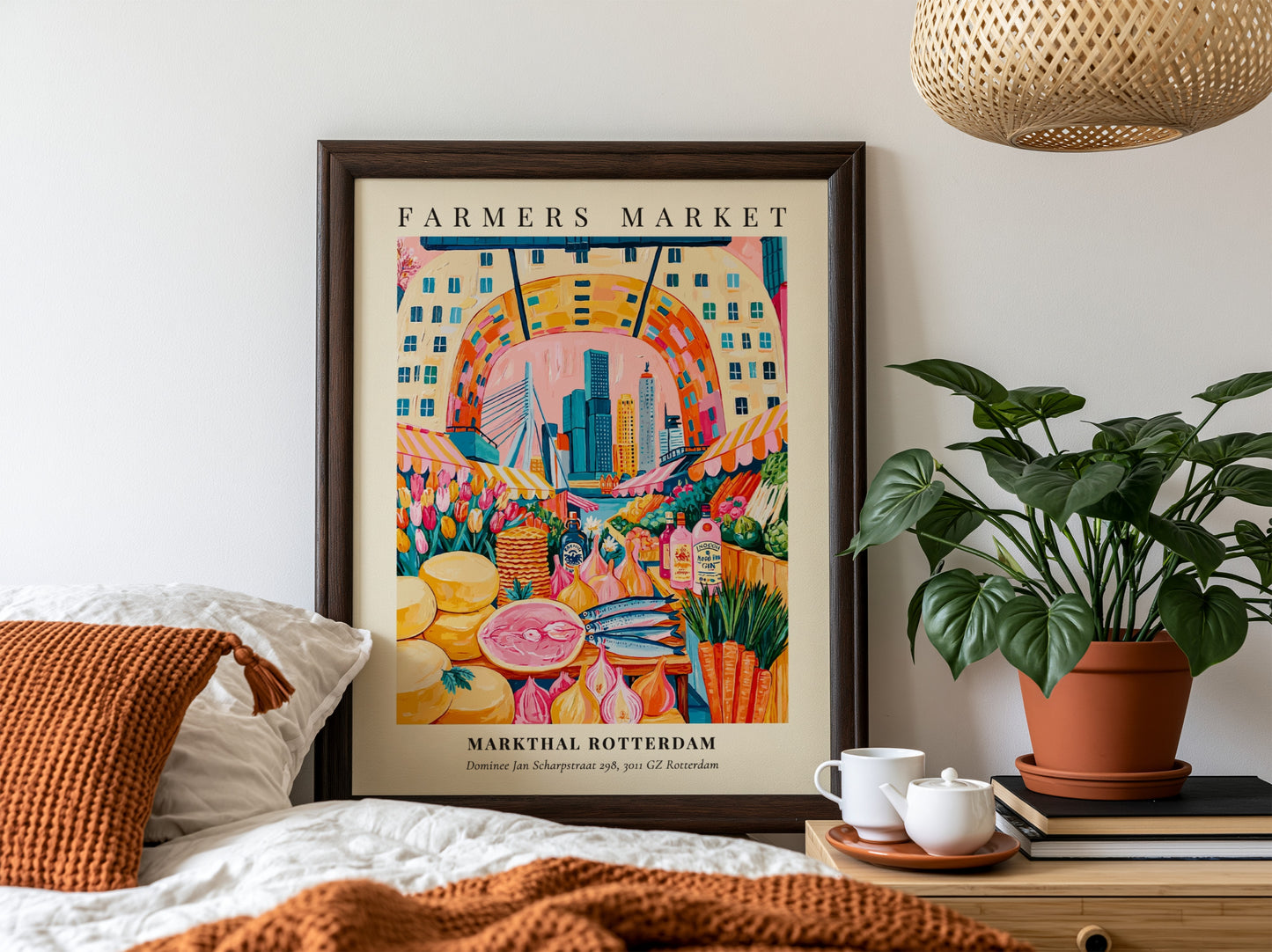 Markthal Rotterdam farmers market poster featuring colorful produce and vibrant cityscape