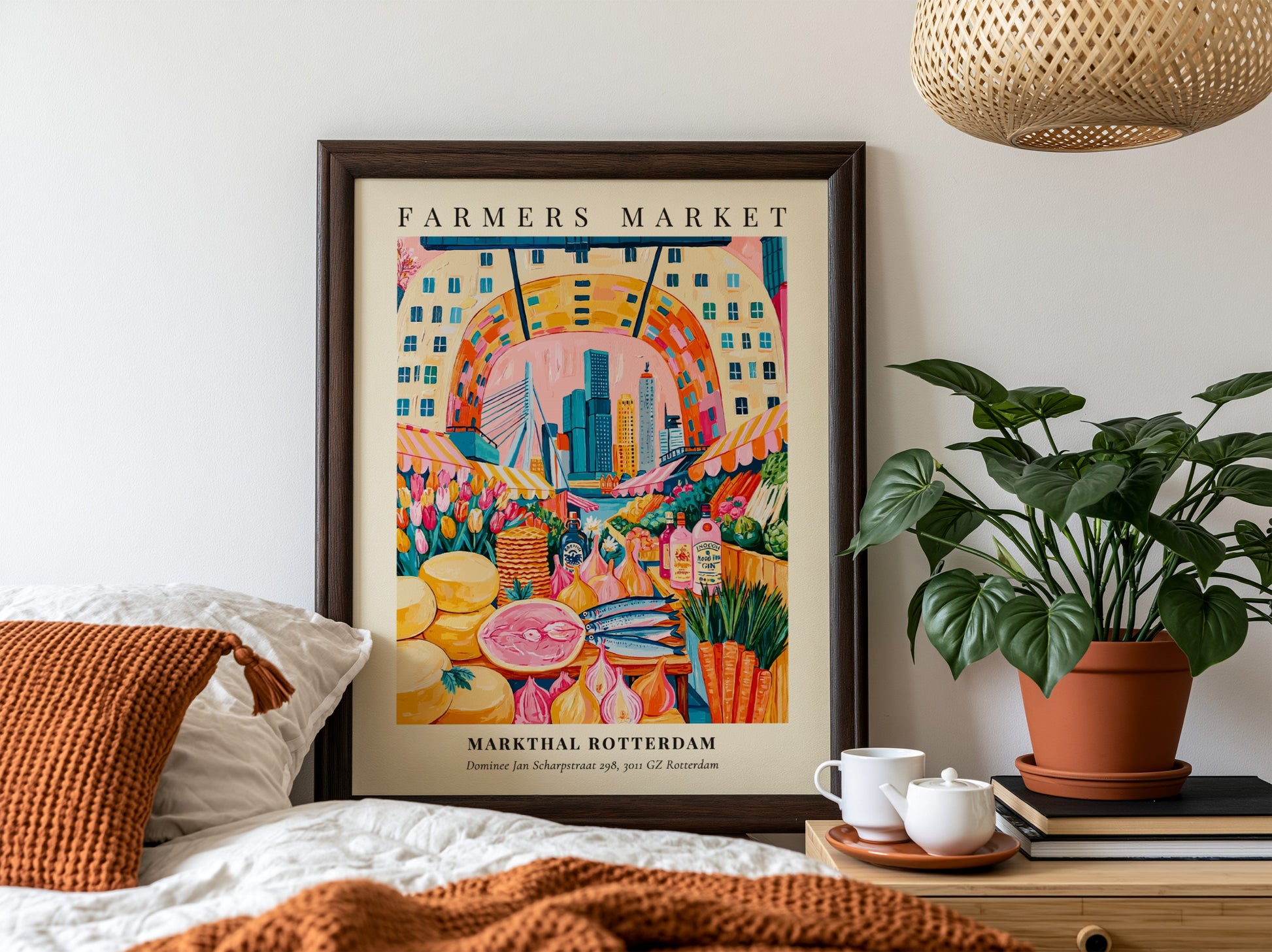 Markthal Rotterdam farmers market poster featuring colorful produce and vibrant cityscape
