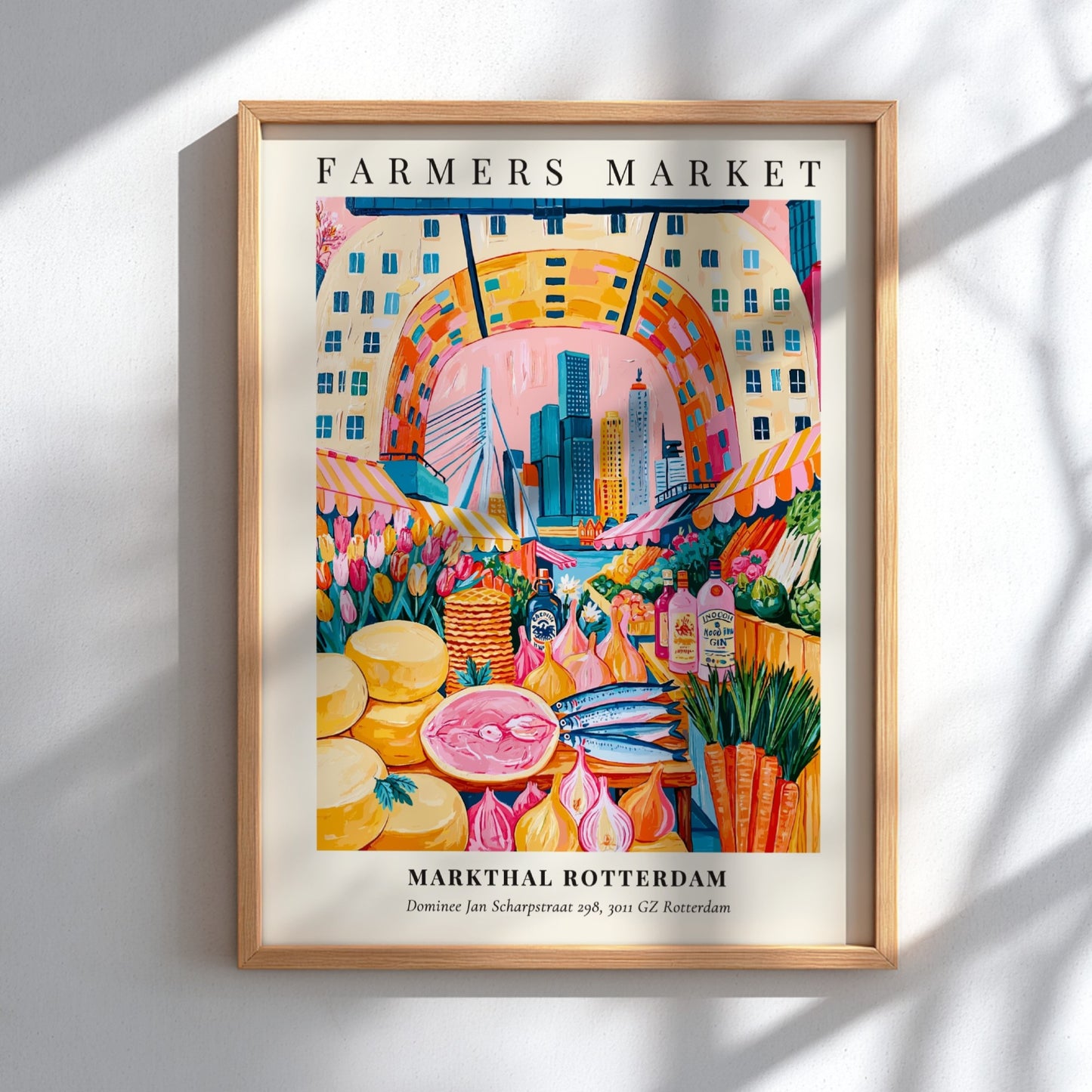Markthal Rotterdam farmers market poster featuring colorful produce and vibrant cityscape