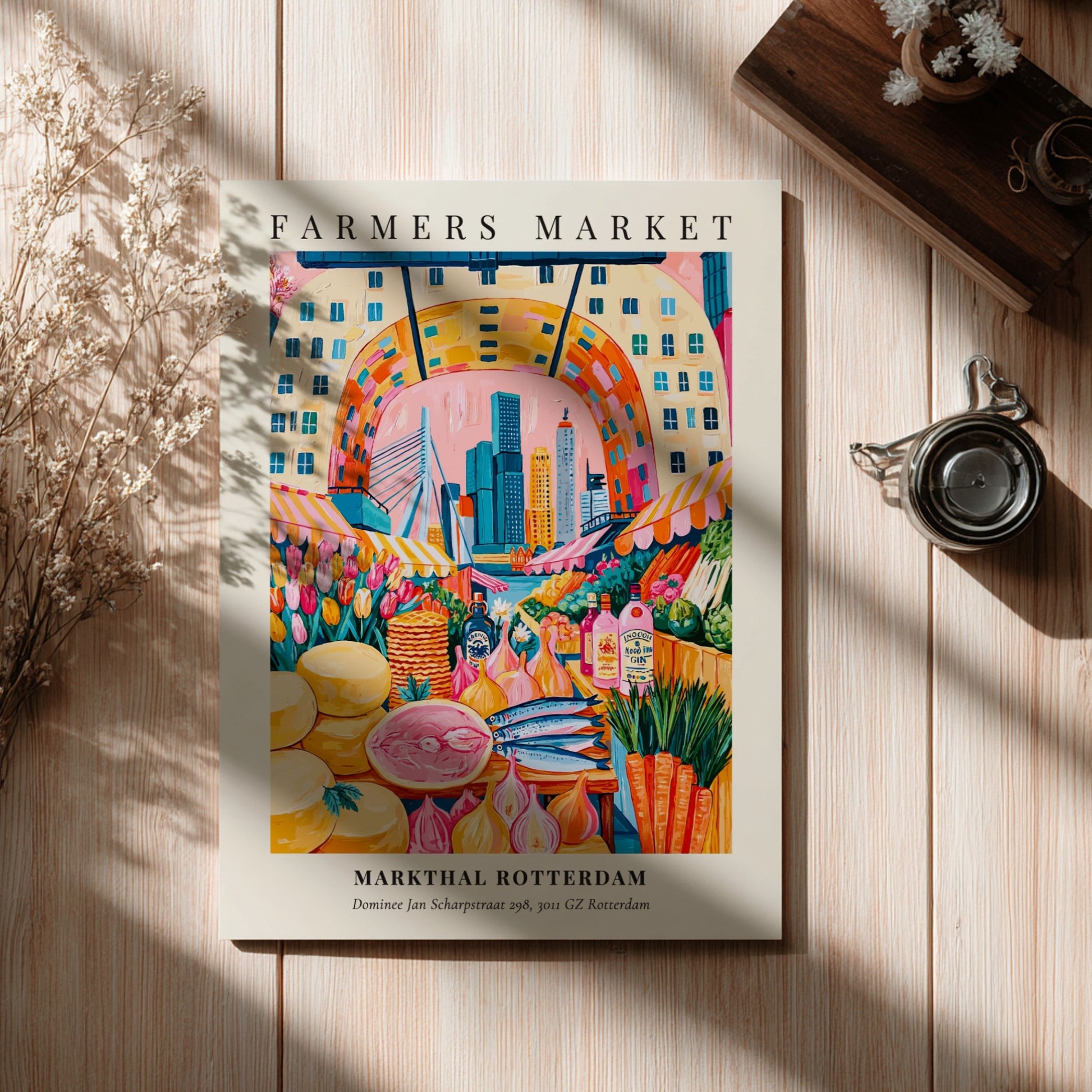 Markthal Rotterdam farmers market poster featuring colorful produce and vibrant cityscape