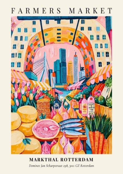 Markthal Rotterdam farmers market poster featuring colorful produce and vibrant cityscape