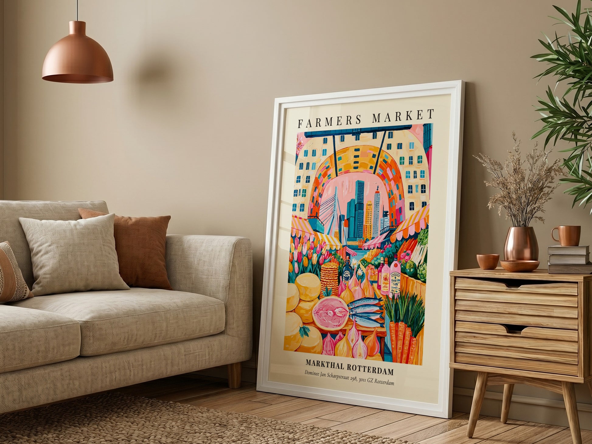 Markthal Rotterdam farmers market poster featuring colorful produce and vibrant cityscape