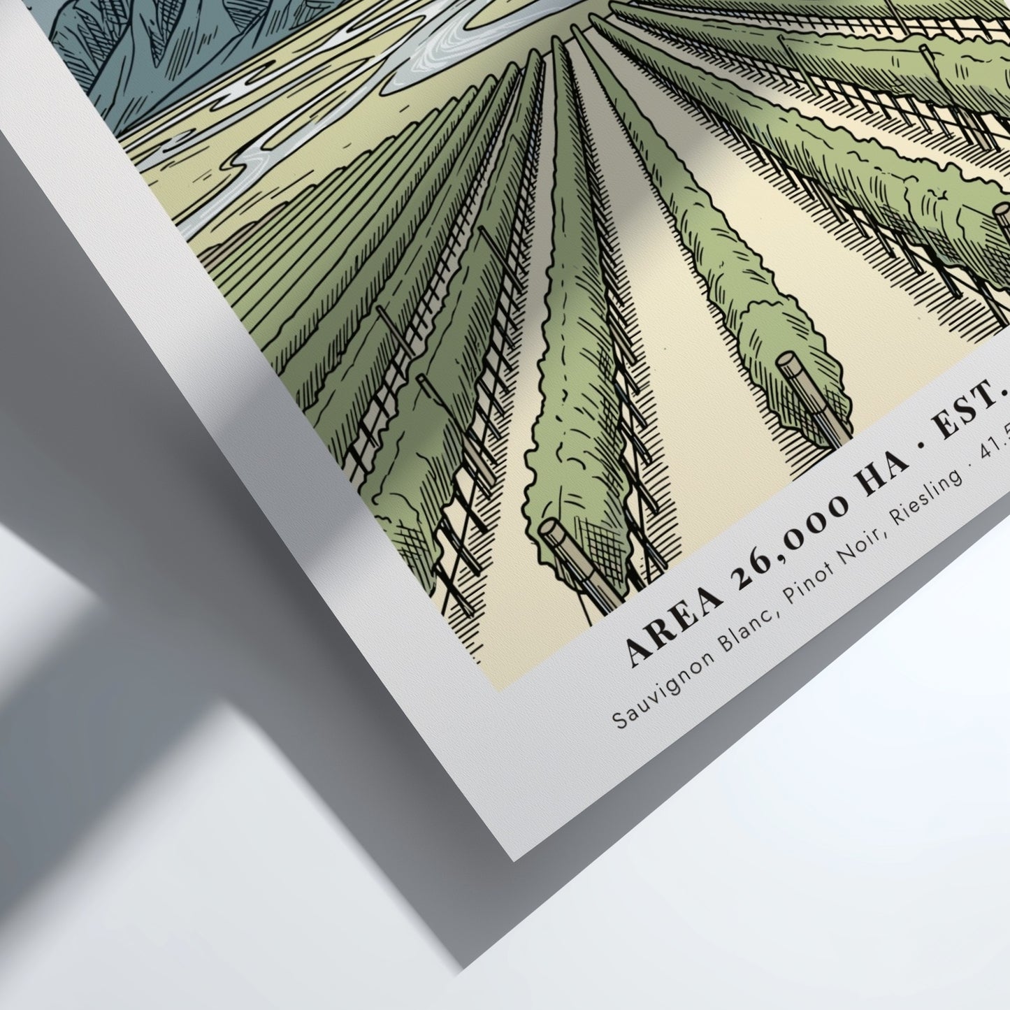 Poster of Marlborough New Zealand vineyard rows leading toward a dramatic mountain range landscape.
