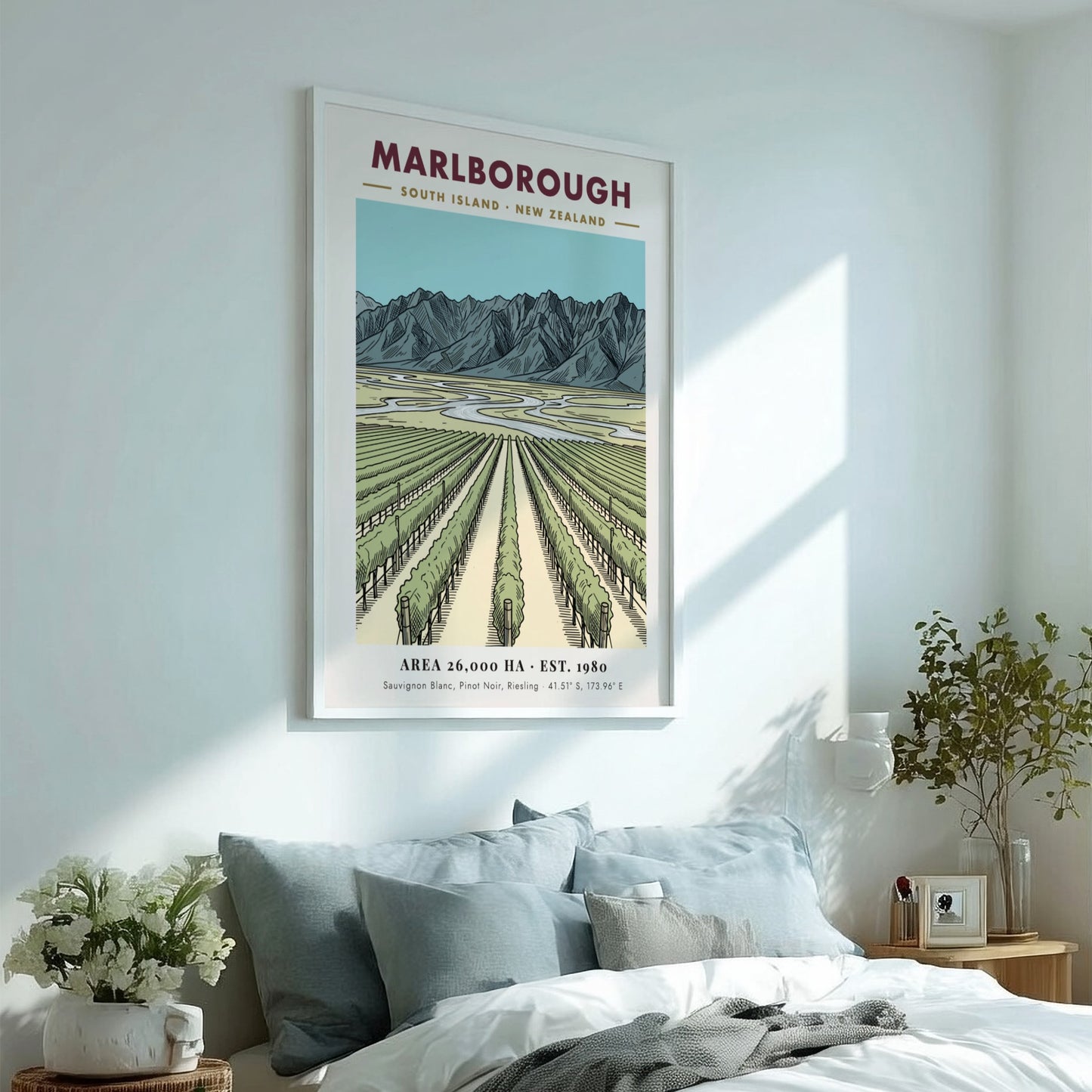 Poster of Marlborough New Zealand vineyard rows leading toward a dramatic mountain range landscape.