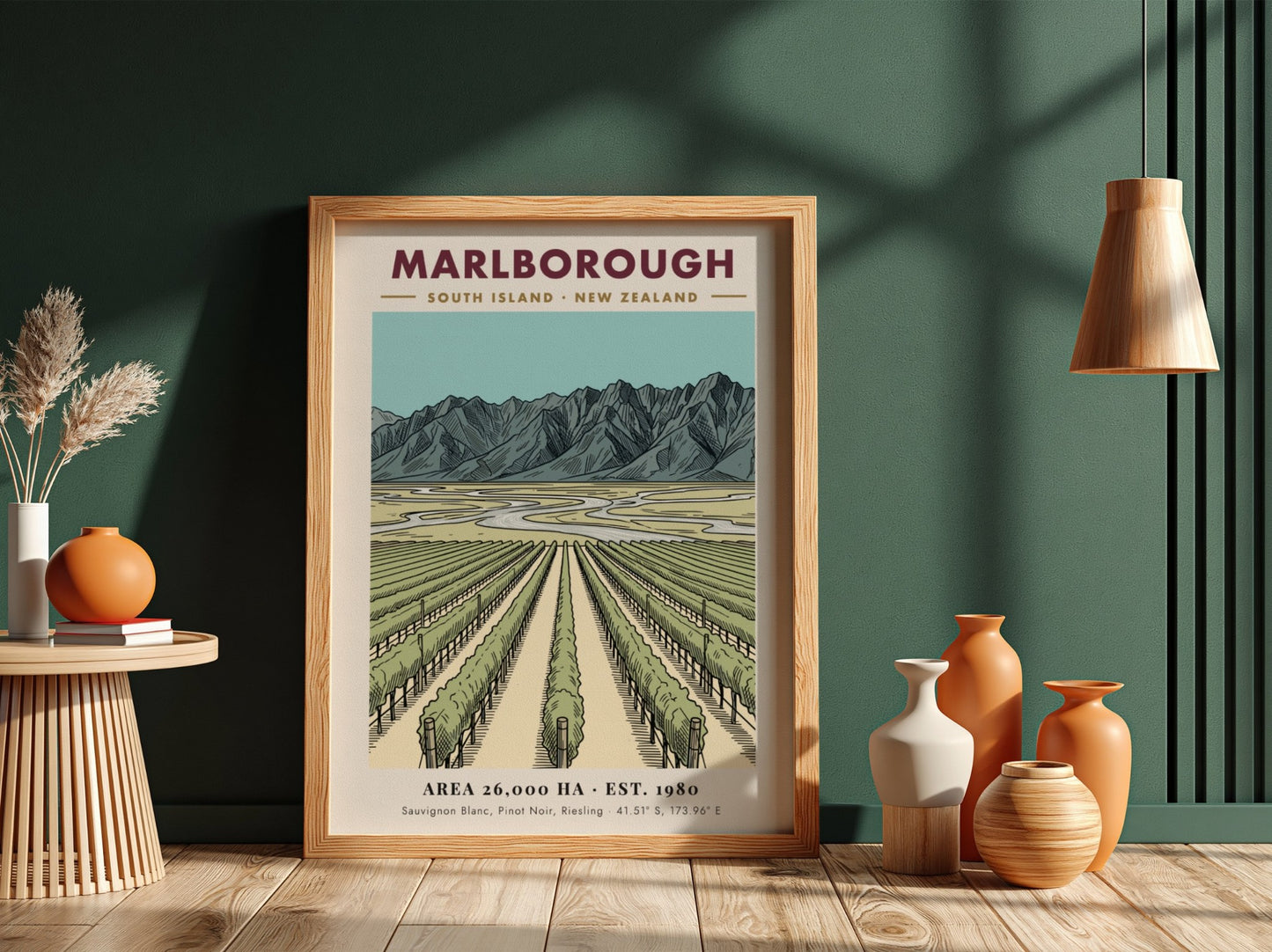 Poster of Marlborough New Zealand vineyard rows leading toward a dramatic mountain range landscape.