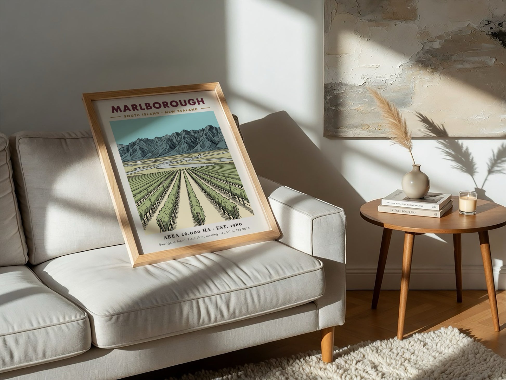 Poster of Marlborough New Zealand vineyard rows leading toward a dramatic mountain range landscape.