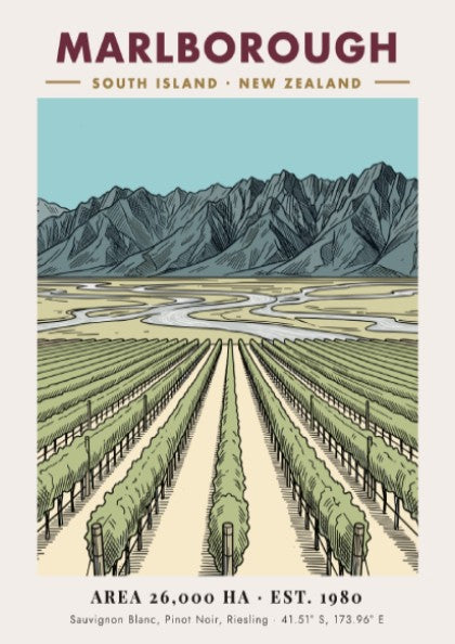 Poster of Marlborough New Zealand vineyard rows leading toward a dramatic mountain range landscape.