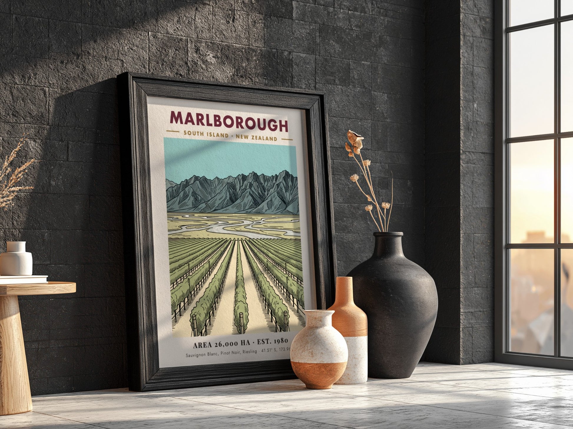 Poster of Marlborough New Zealand vineyard rows leading toward a dramatic mountain range landscape.