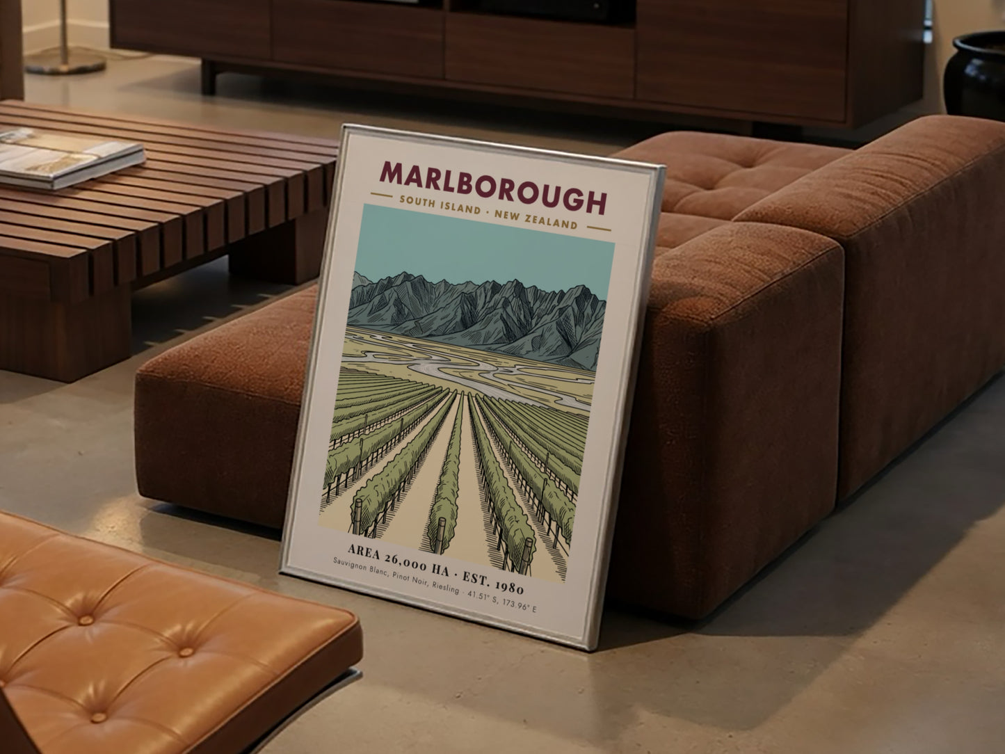 Poster of Marlborough New Zealand vineyard rows leading toward a dramatic mountain range landscape.