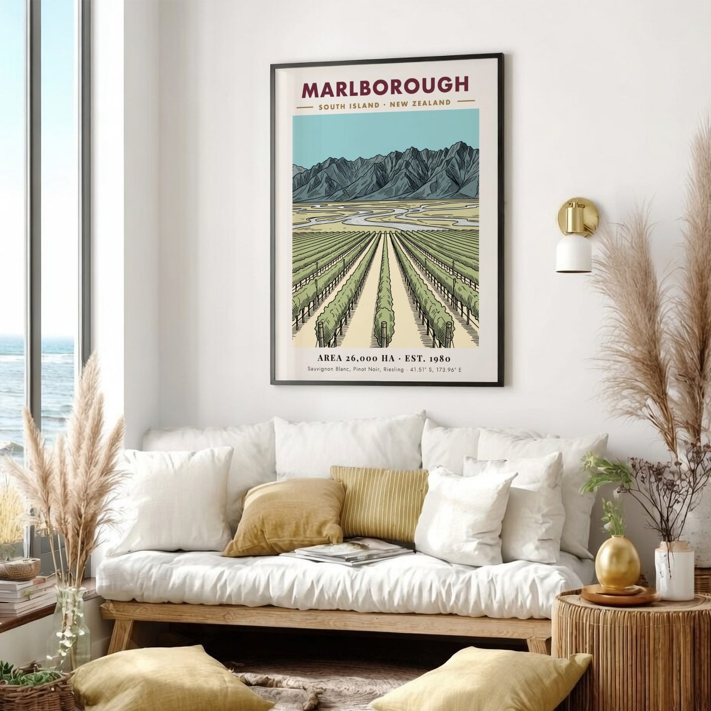 Poster of Marlborough New Zealand vineyard rows leading toward a dramatic mountain range landscape.