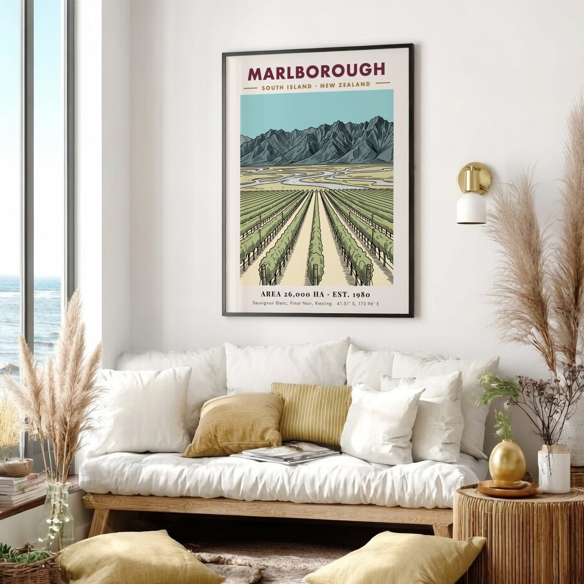 Poster of Marlborough New Zealand vineyard rows leading toward a dramatic mountain range landscape.