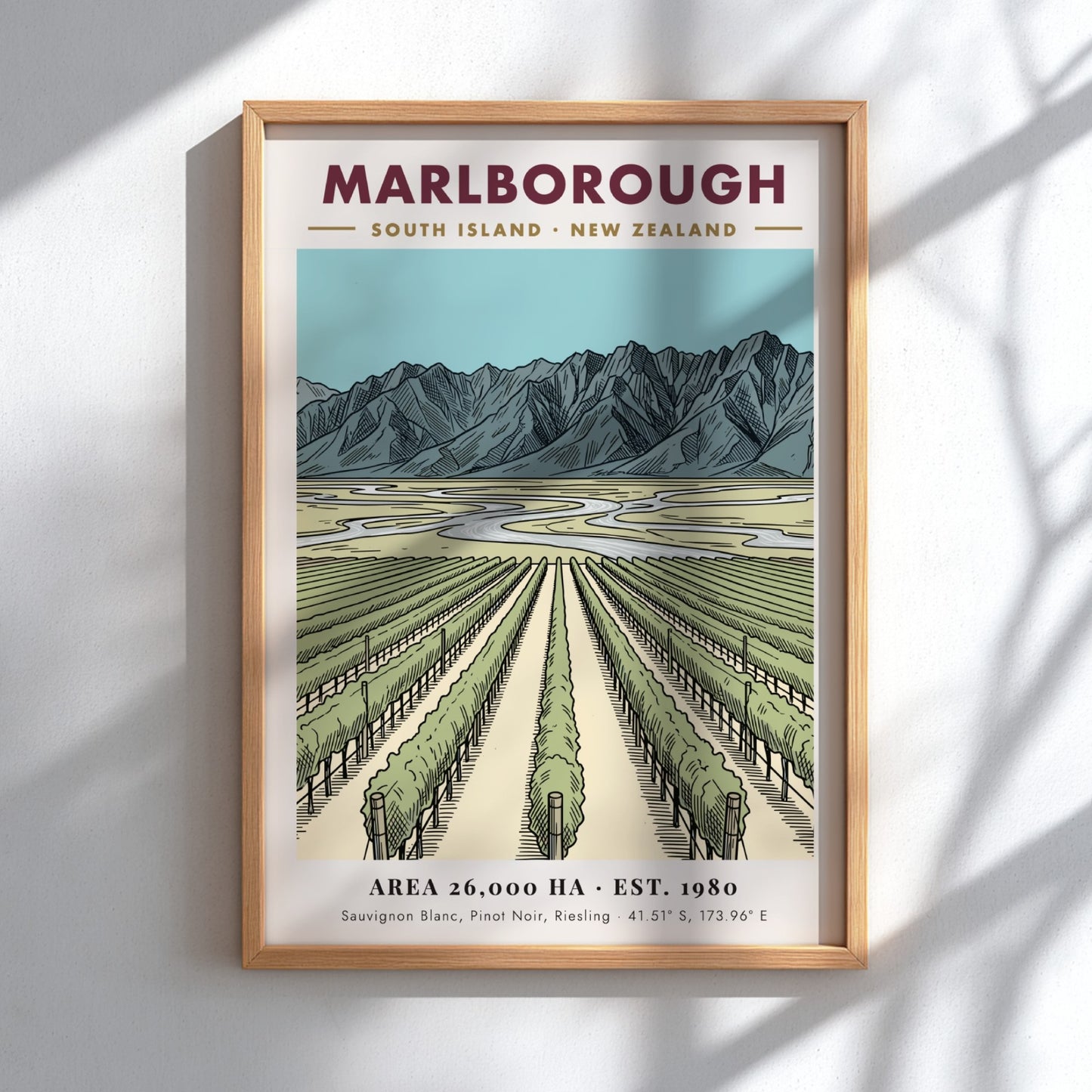 Poster of Marlborough New Zealand vineyard rows leading toward a dramatic mountain range landscape.