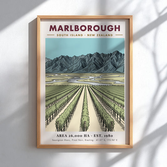 Poster of Marlborough New Zealand vineyard rows leading toward a dramatic mountain range landscape.