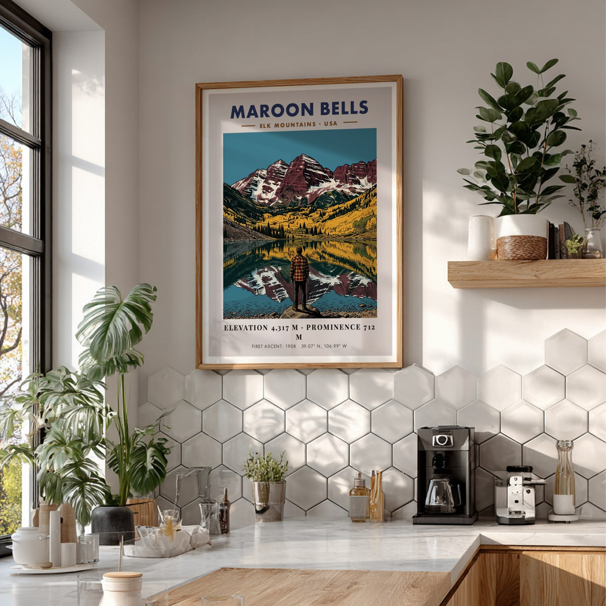 Poster of Maroon Bells mountains with a person standing by a reflective lake.