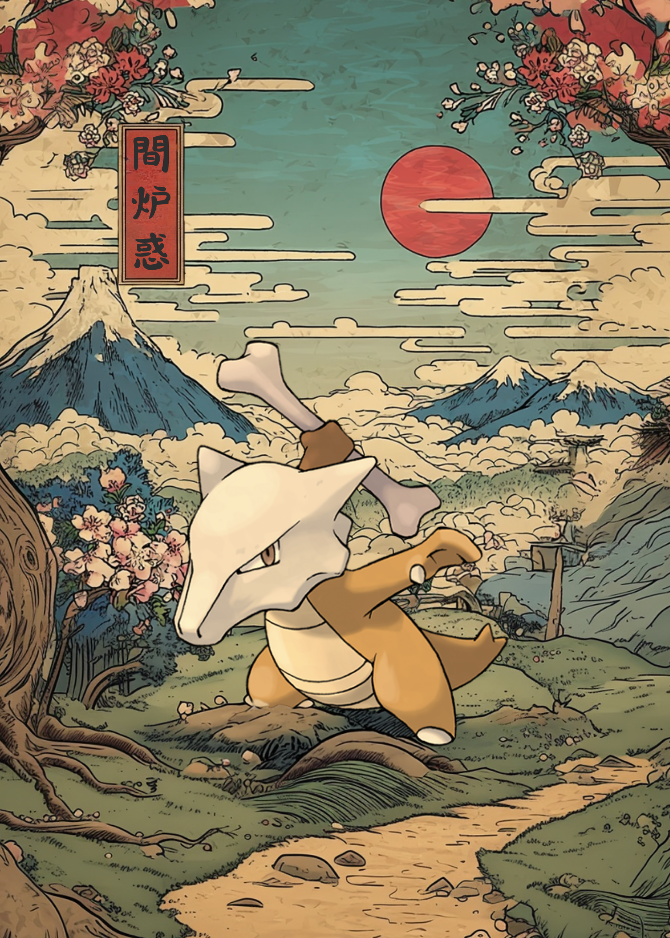 Marowak Pokemon character in a stylized Japanese landscape with Mount Fuji and cherry blossoms.