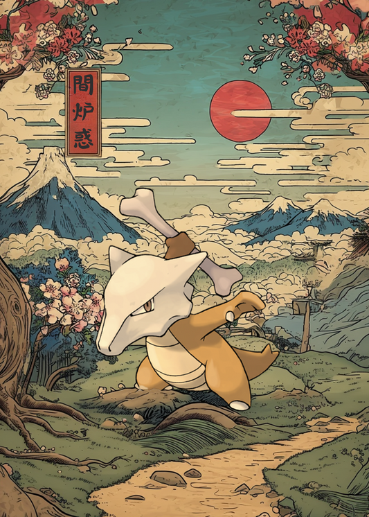 Marowak Pokemon character in a stylized Japanese landscape with Mount Fuji and cherry blossoms.