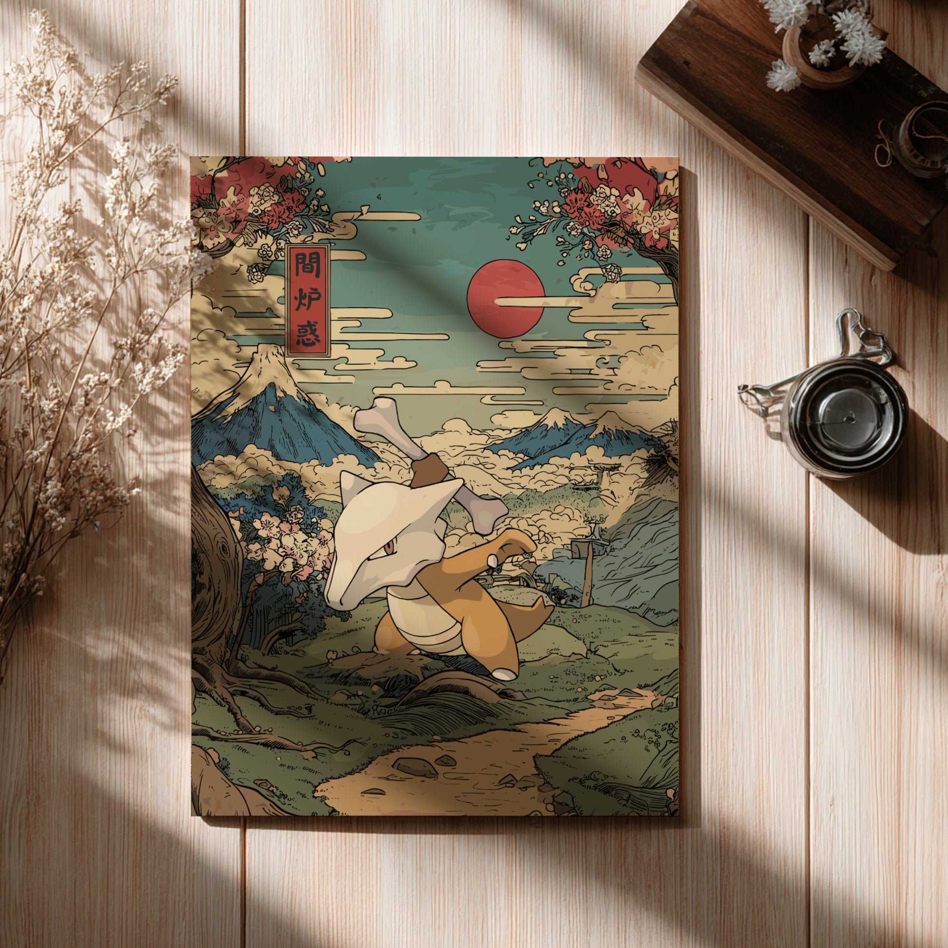 Poster with a Marowak Pokemon illustration on a wooden surface