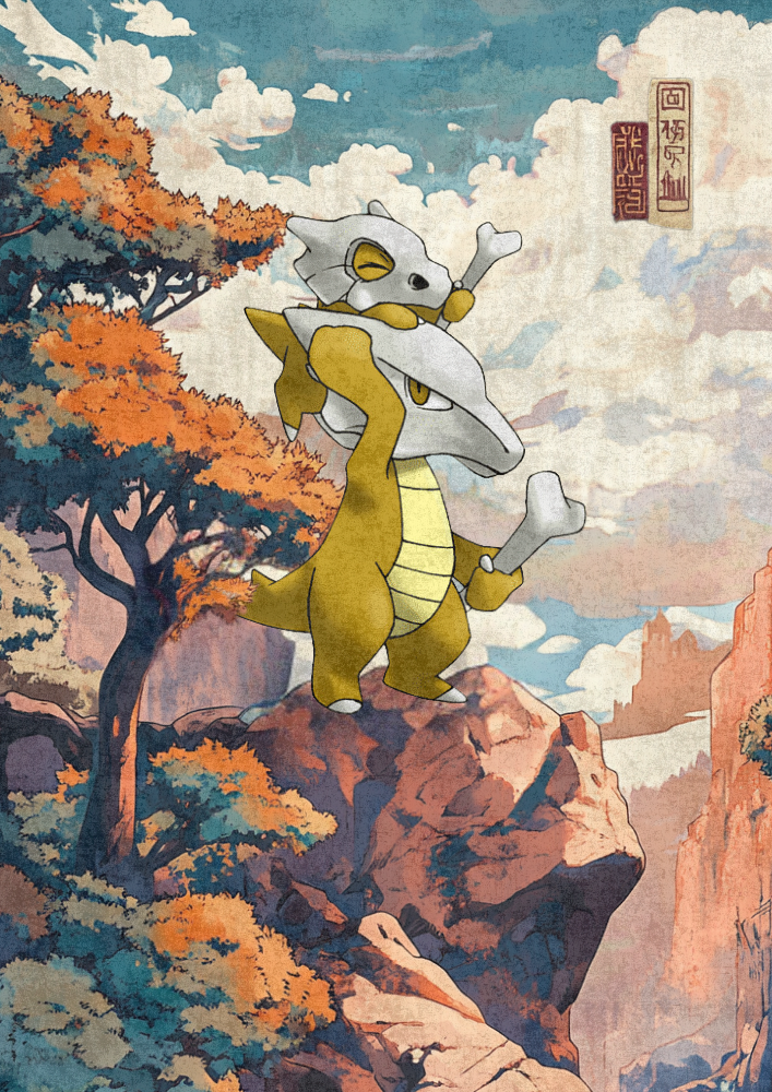 Marowak and Cubone Poster: Japanese Style Legendary Pokemon Inspired Anime Artwork, Pokemon TCG Marowak and Cubone