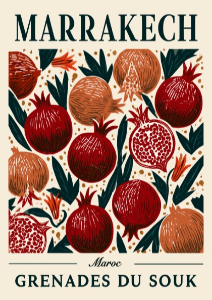 Kitchen poster featuring vibrant pomegranates in rich colors, perfect for home decor.