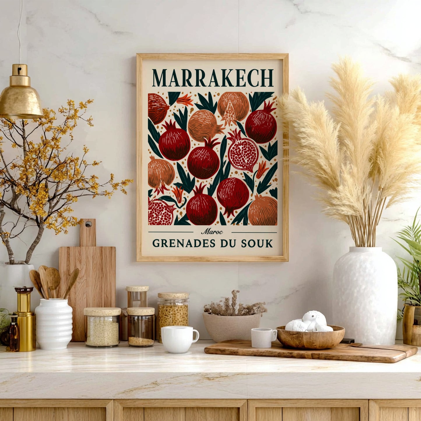 Kitchen poster featuring vibrant pomegranates in rich colors, perfect for home decor.
