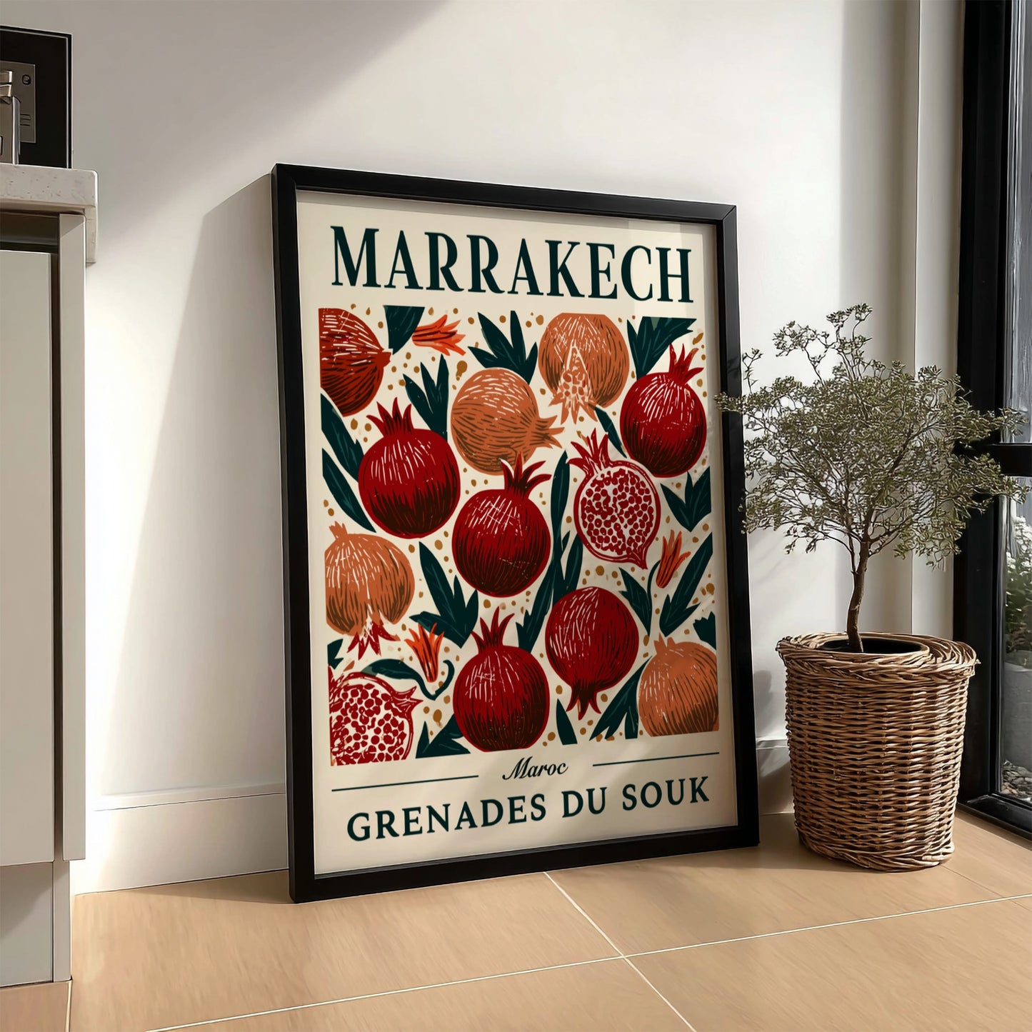 Kitchen poster featuring vibrant pomegranates in rich colors, perfect for home decor.