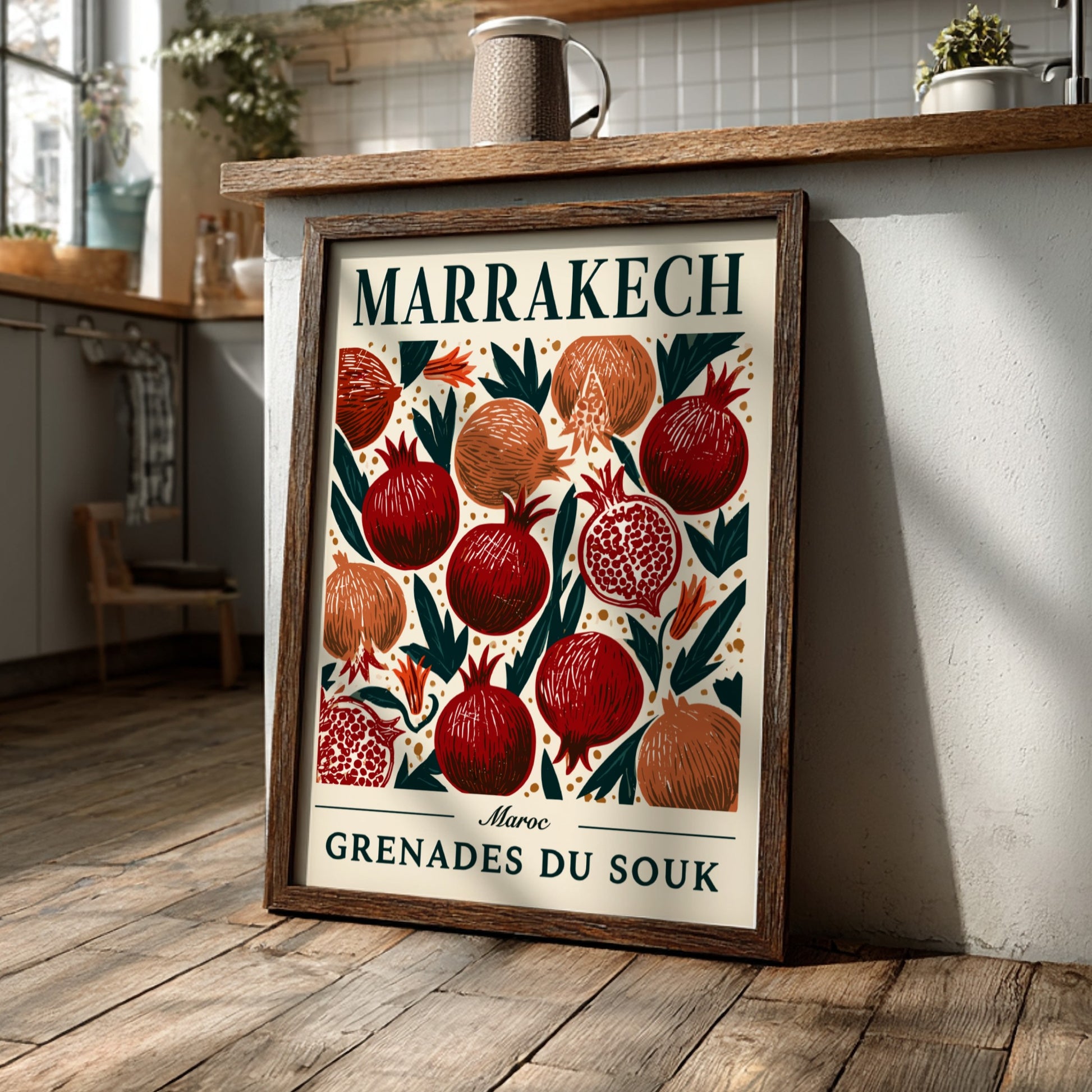 Kitchen poster featuring vibrant pomegranates in rich colors, perfect for home decor.