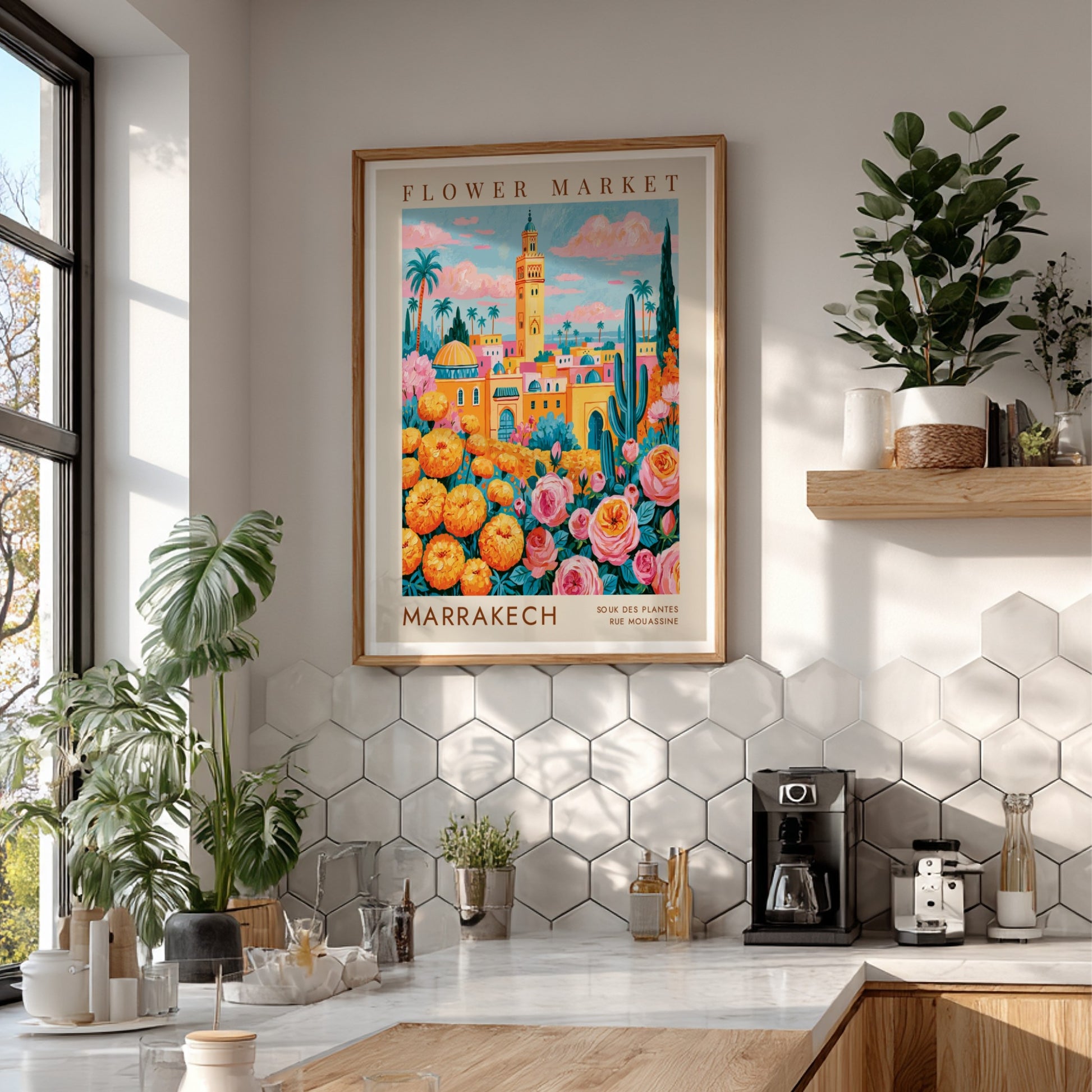 Flower market poster showcasing vibrant colors and city architecture