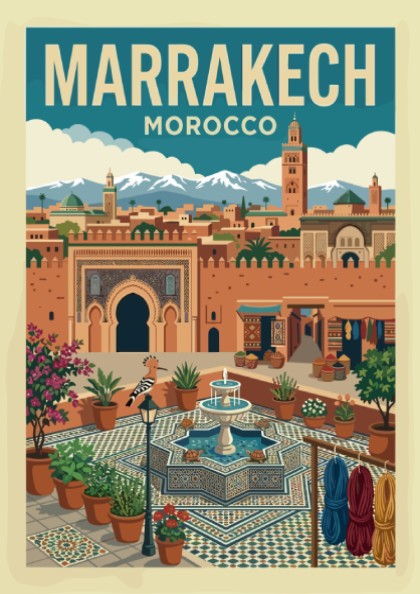 Marrakech Morocco travel poster featuring a stylized illustration of the city with terracotta buildings and a