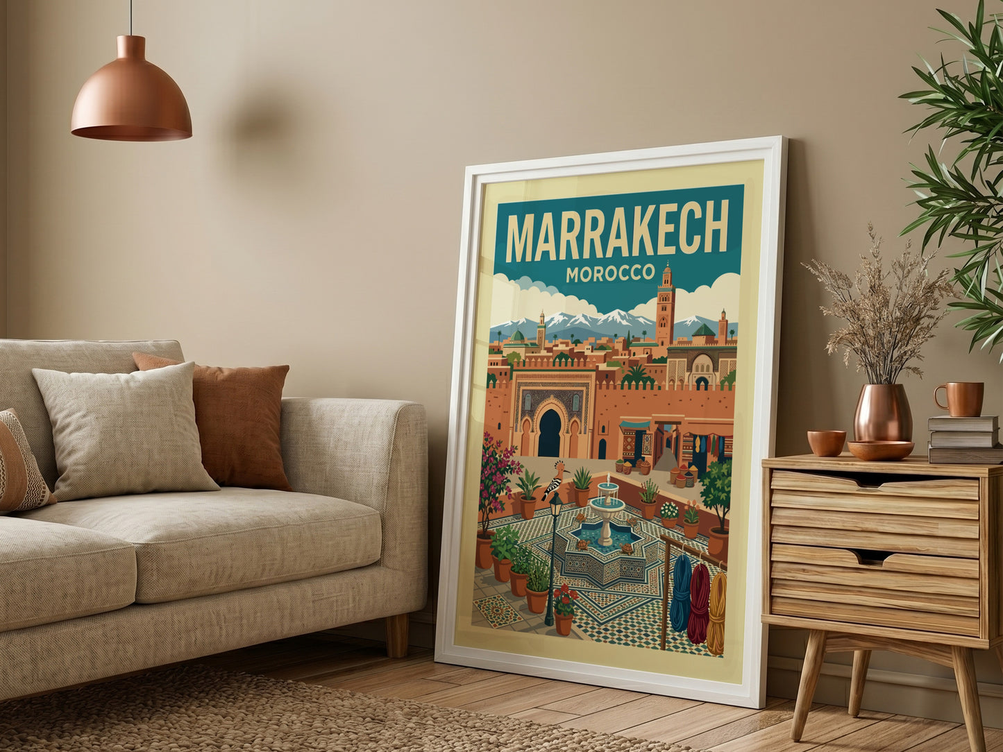 Marrakech Morocco travel poster featuring a stylized illustration of the city with terracotta buildings and a