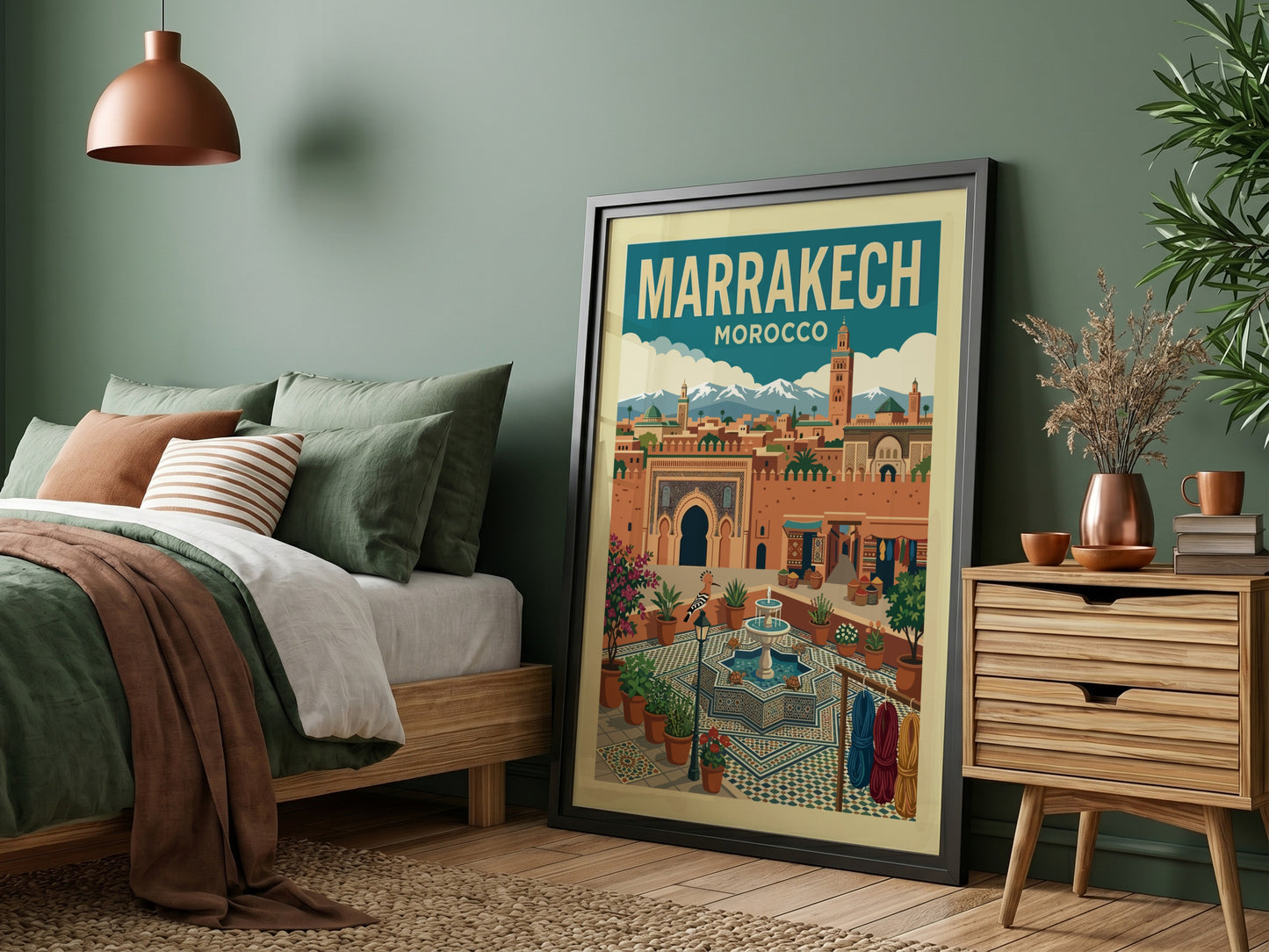 Marrakech Morocco travel poster featuring a stylized illustration of the city with terracotta buildings and a