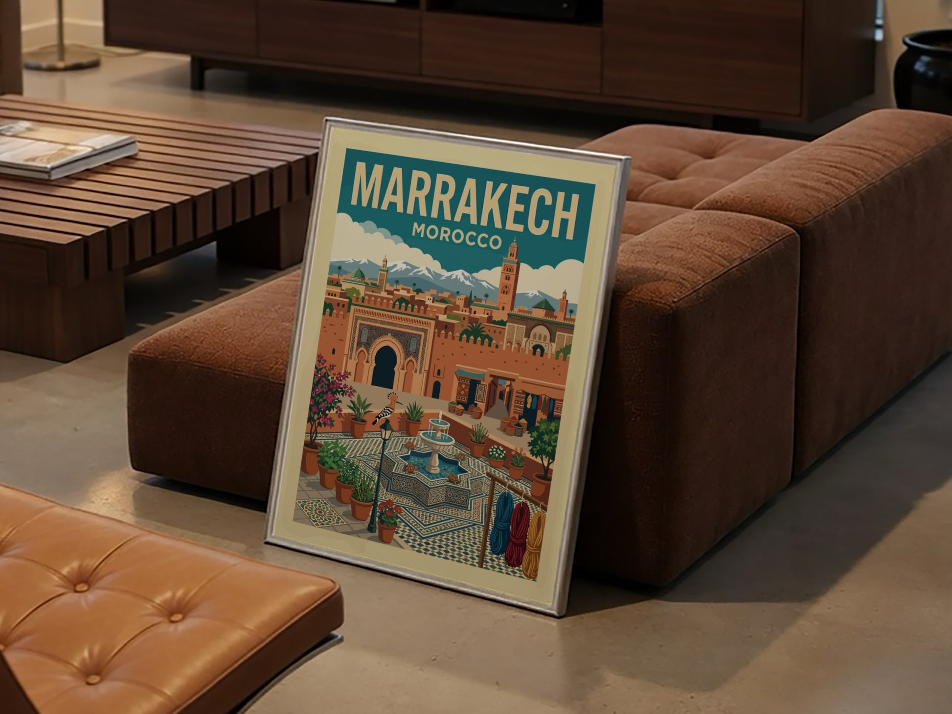 Marrakech Morocco travel poster featuring a stylized illustration of the city with terracotta buildings and a