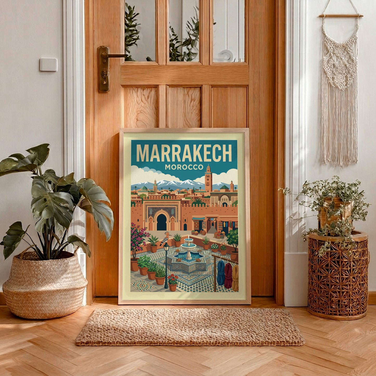 Marrakech Morocco travel poster featuring a stylized illustration of the city with terracotta buildings and a