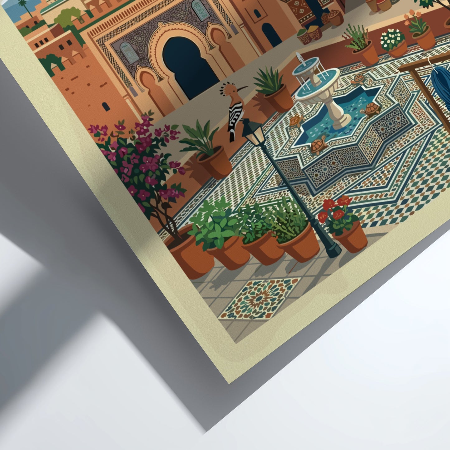 Marrakech Morocco travel poster featuring a stylized illustration of the city with terracotta buildings and a