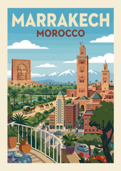 Marrakech Morocco travel poster in a vintage style, showing cityscape with Koutoubia Mosque and mountains.