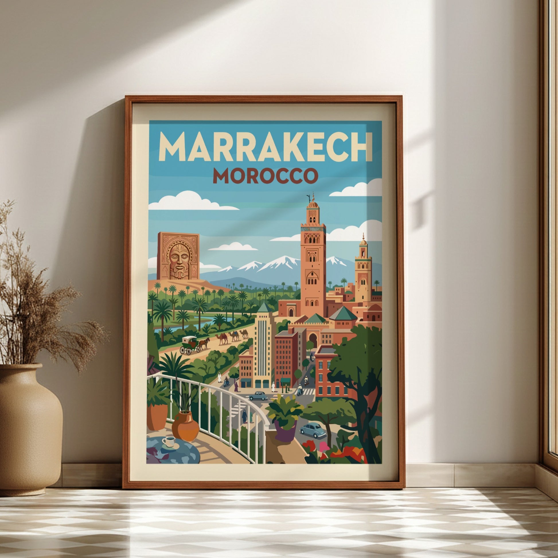 Marrakech Morocco travel poster in a vintage style, showing cityscape with Koutoubia Mosque and mountains.