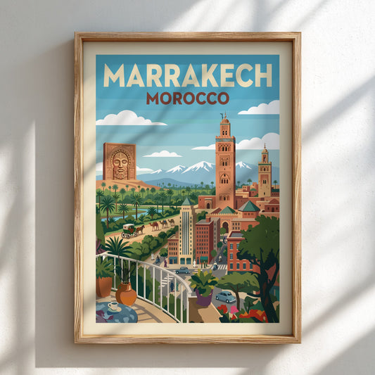 Marrakech Morocco travel poster in a vintage style, showing cityscape with Koutoubia Mosque and mountains.