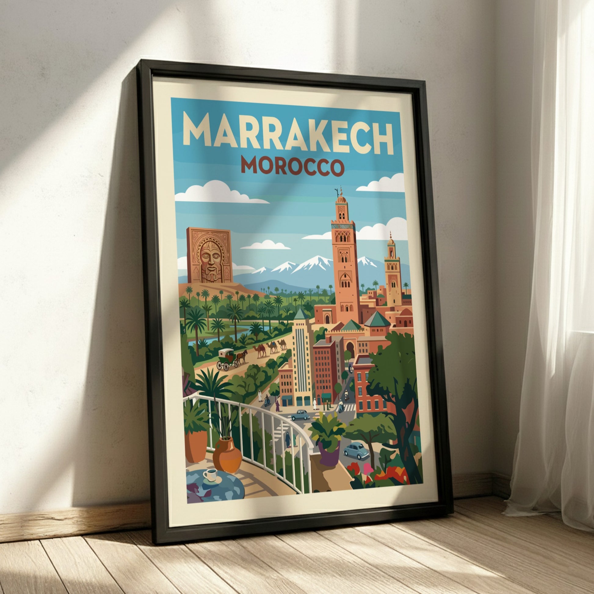 Marrakech Morocco travel poster in a vintage style, showing cityscape with Koutoubia Mosque and mountains.
