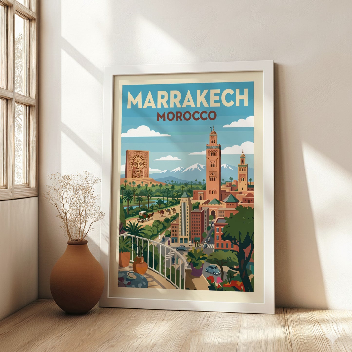 Marrakech Morocco travel poster in a vintage style, showing cityscape with Koutoubia Mosque and mountains.