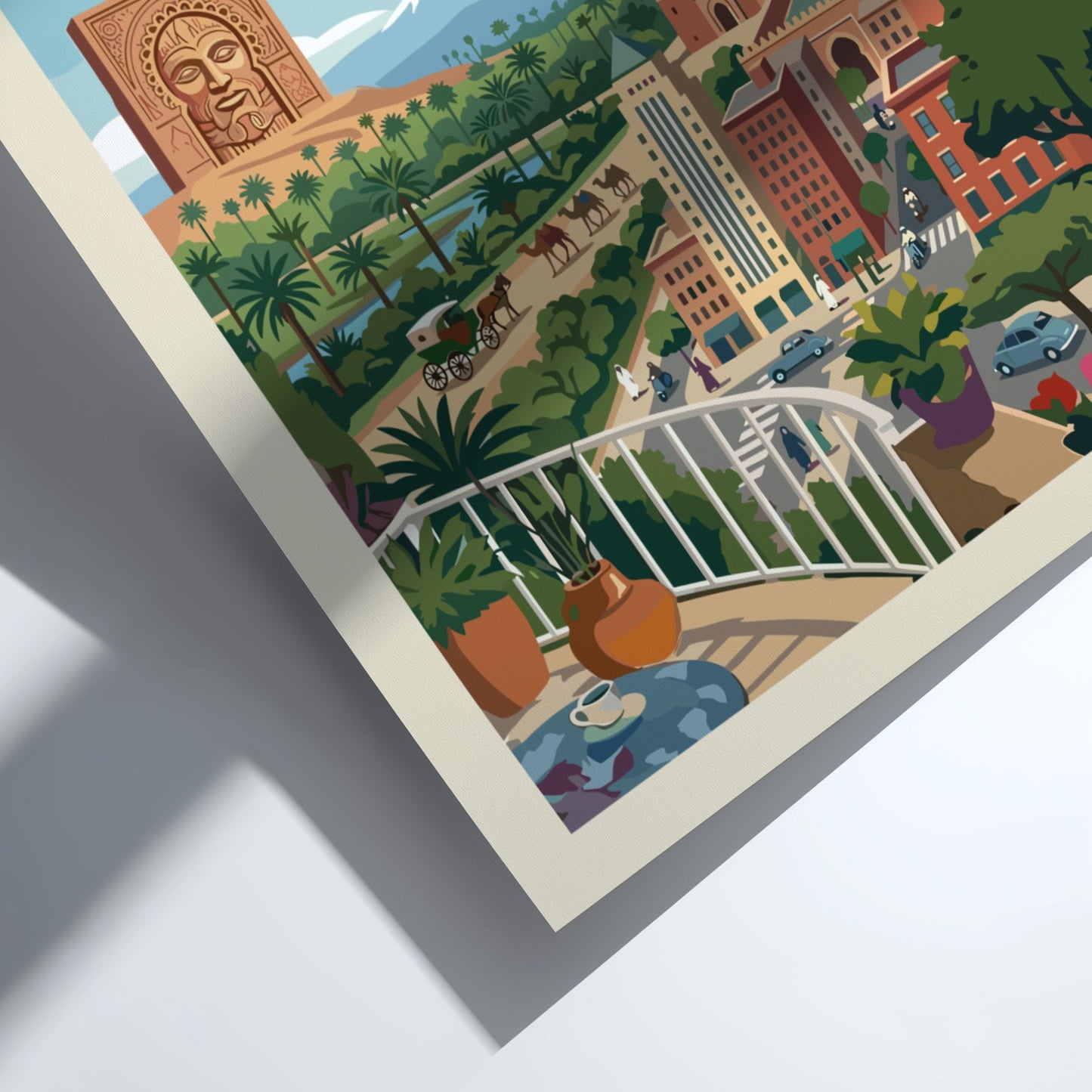 Marrakech Morocco travel poster in a vintage style, showing cityscape with Koutoubia Mosque and mountains.